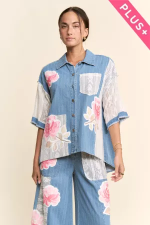 wholesale clothing plus flower patchwork lace button front shirt top davi & dani