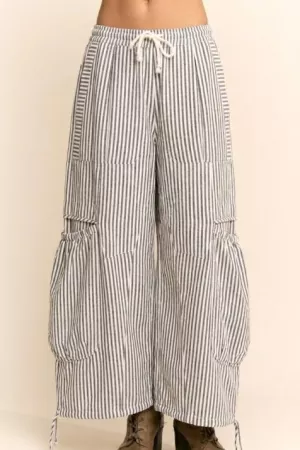 wholesale clothing striped drawstring wide leg barrel pants davi & dani