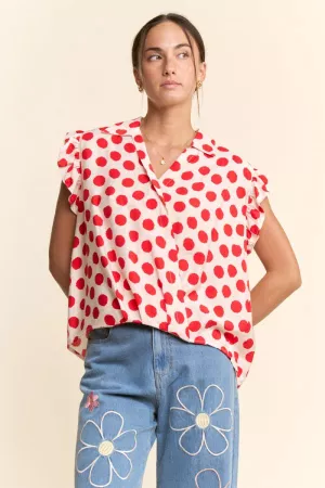 wholesale clothing polka dot print short ruffle sleeve v neck blouse davi & dani