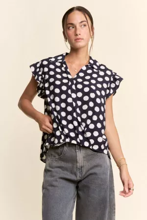 wholesale clothing polka dot print short ruffle sleeve v neck blouse davi & dani