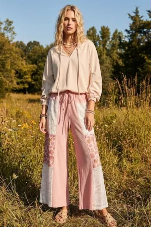 wholesale clothing soft waffle knit lace print mixed block pants davi & dani