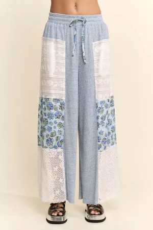 wholesale clothing soft waffle knit lace print mixed block pants davi & dani