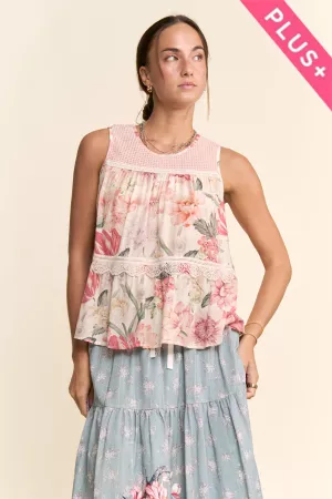 wholesale clothing plus ffloral printed lace detail babydoll top davi & dani