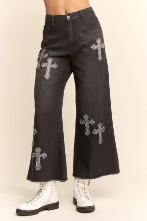 wholesale clothing washed denim antique wide opening leg long pants davi & dani