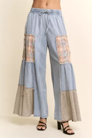 wholesale clothing printed denim lace blocked wide leg pants davi & dani