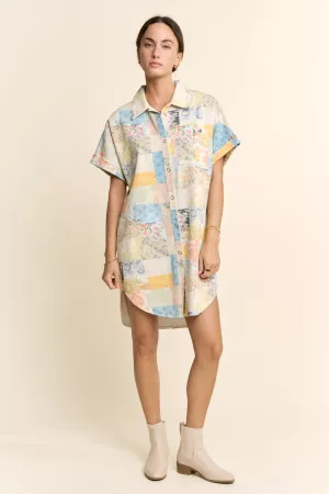 wholesale clothing flower patchwork printed denim shirt dress davi & dani