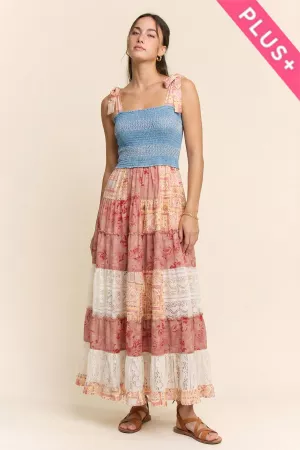 wholesale clothing denim multi smocking bodice patchwork midi dress davi & dani