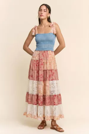 wholesale clothing denim multi smocking bodice patchwork midi dress davi & dani