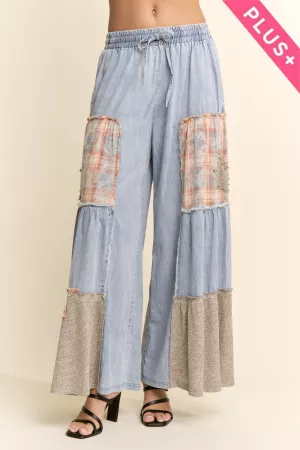 wholesale clothing plus printed denim lace blocked wide leg pants davi & dani