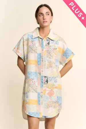 wholesale clothing plus flower patchwork printed denim shirt dress davi & dani