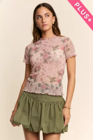 wholesale clothing plus lettus hem detail printed mesh lace top davi & dani