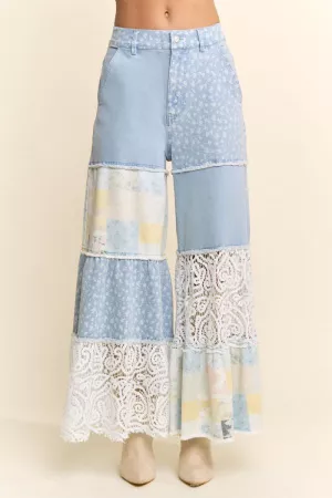 wholesale clothing printed denim lace blocked wide leg pants davi & dani