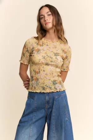 wholesale clothing lettus hem detail printed mesh lace top davi & dani