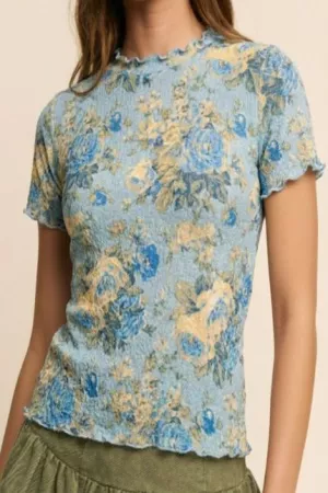 wholesale clothing lettus hem detail printed mesh lace top davi & dani