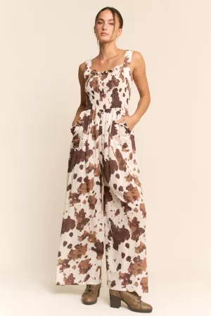wholesale clothing cow camo smocked wide leg jumpsuit davi & dani