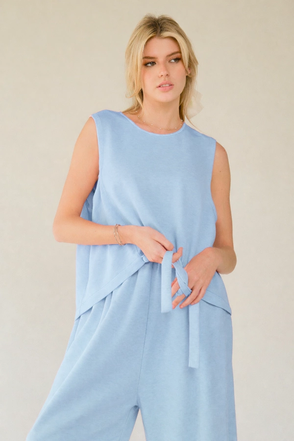 wholesale clothing solid crew neck cinch tie top waistband pants set davi & dani