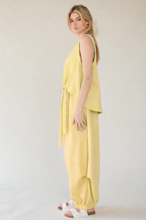 wholesale clothing solid crew neck cinch tie top waistband pants set davi & dani