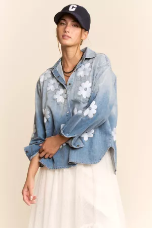 wholesale clothing flower embroidered button front wash denim shirt davi & dani
