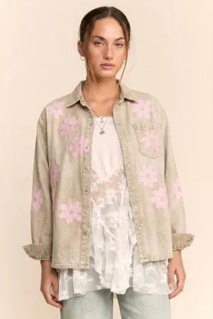 wholesale clothing flower embroidered button front wash denim shirt davi & dani