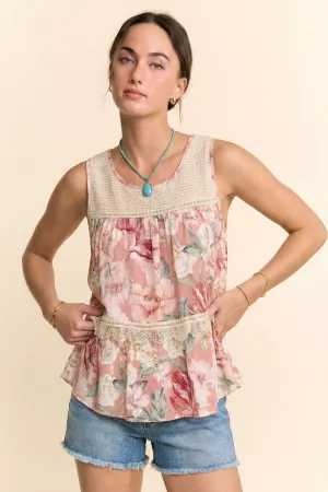 wholesale clothing floral printed lace detail babydoll top davi & dani