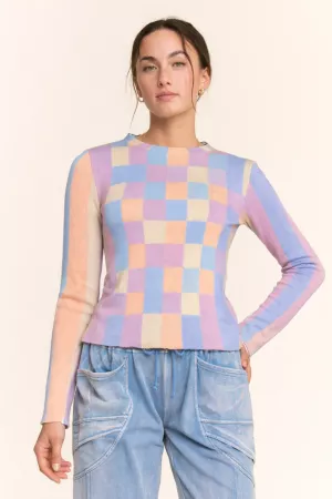 wholesale clothing checkerboard pullover mesh plaid knit sweater davi & dani