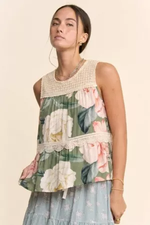 wholesale clothing floral printed lace detail babydoll top davi & dani