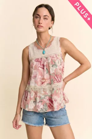 wholesale clothing plus ffloral printed lace detail babydoll top davi & dani