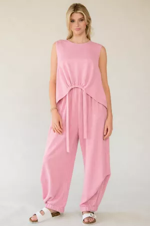 wholesale clothing solid crew neck cinch tie top waistband pants set davi & dani