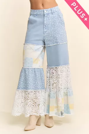 wholesale clothing plus printed denim lace blocked wide leg pants davi & dani