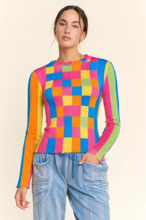 wholesale clothing checkerboard pullover mesh plaid knit sweater davi & dani