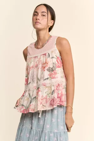 wholesale clothing floral printed lace detail babydoll top davi & dani