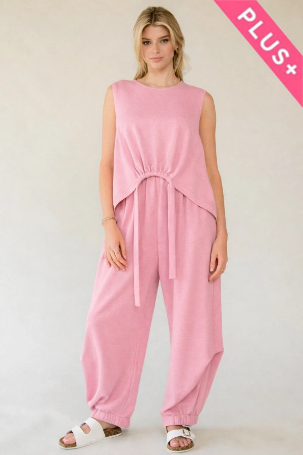 wholesale clothing plus solid crew neck tie top waistband pants set davi & dani