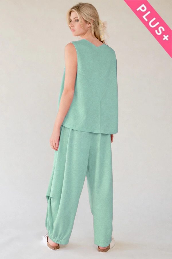 wholesale clothing plus solid crew neck tie top waistband pants set davi & dani