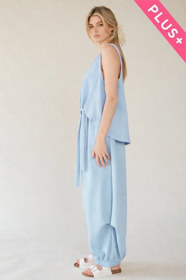 wholesale clothing plus solid crew neck tie top waistband pants set davi & dani