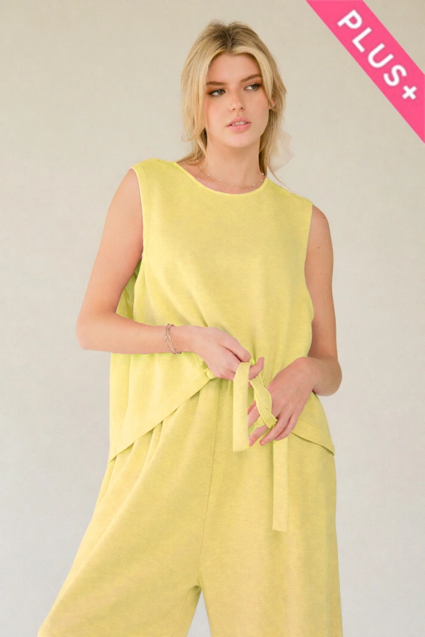 wholesale clothing plus solid crew neck tie top waistband pants set davi & dani