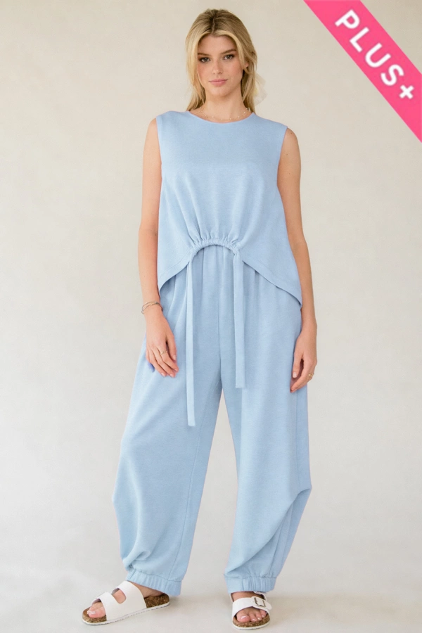 wholesale clothing plus solid crew neck tie top waistband pants set davi & dani