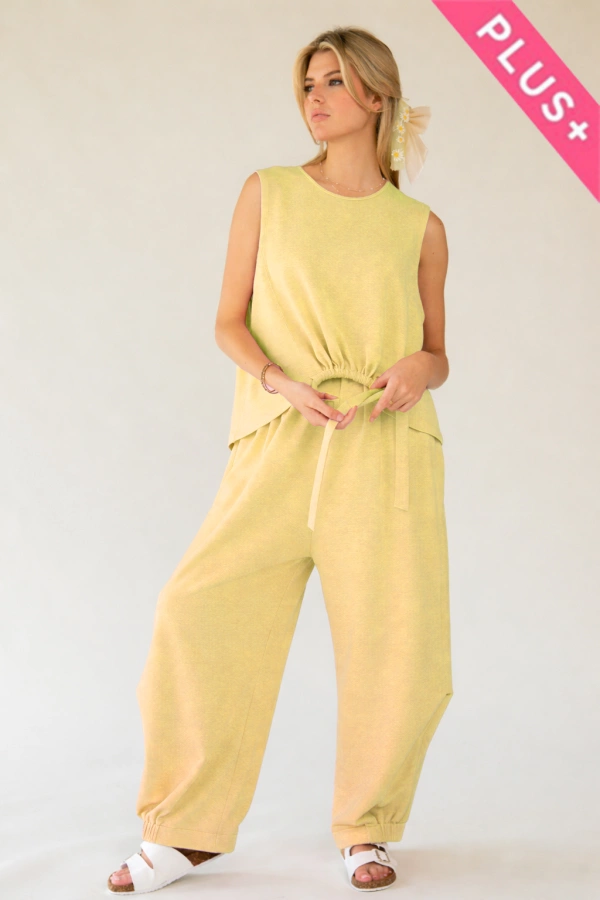 wholesale clothing plus solid crew neck tie top waistband pants set davi & dani