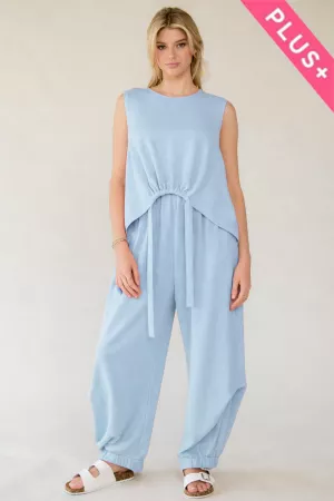 wholesale clothing plus solid crew neck tie top waistband pants set davi & dani