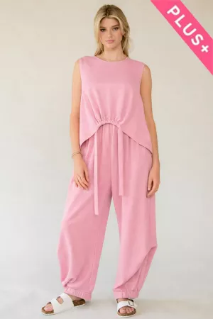 wholesale clothing plus solid crew neck tie top waistband pants set davi & dani