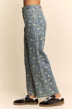 wholesale clothing floral print high-waisted wide-leg denim pants davi & dani
