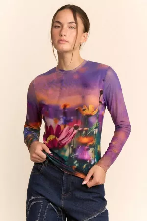 wholesale clothing floral field print mesh long sleeve top davi & dani