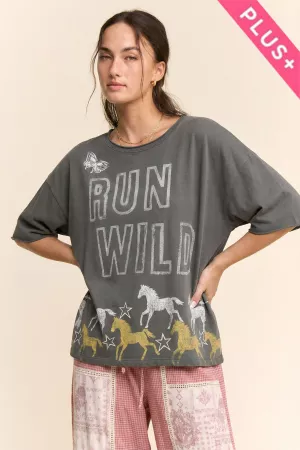 wholesale clothing plus run wild horse graphic mineral wash top davi & dani