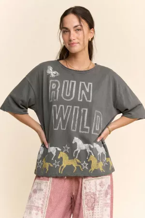 wholesale clothing run wild horse graphic mineral wash top davi & dani