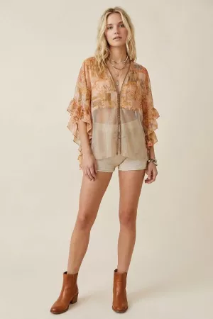 wholesale clothing ruffle sleeve zip front sheer chiffon kimono davi & dani