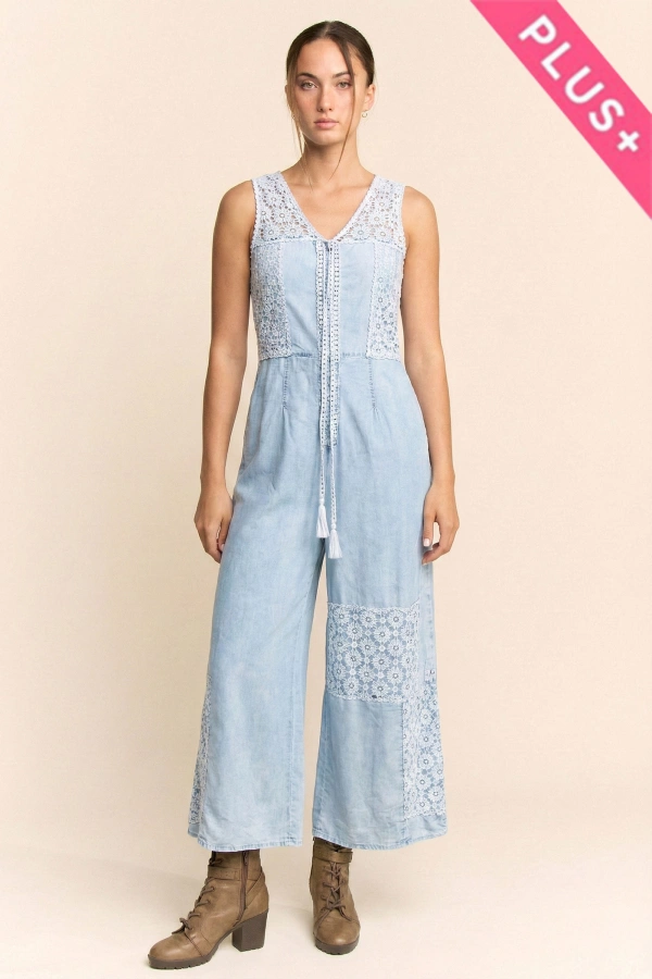 wholesale clothing plus lace tweed patch work denim overall jumpsuit davi & dani