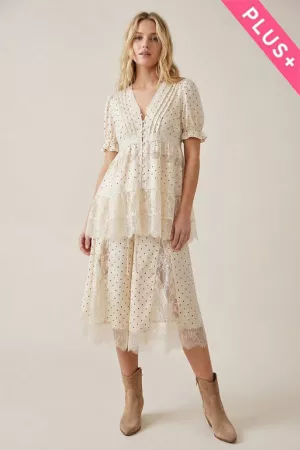 wholesale clothing plus tiered lace insert polka dotted midi dress davi & dani