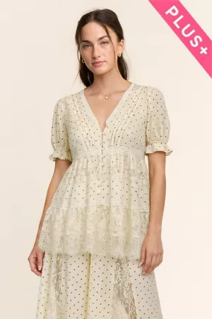 wholesale clothing plus tiered lace insert polka dotted midi dress davi & dani