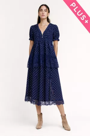 wholesale clothing plus tiered lace insert polka dotted midi dress davi & dani