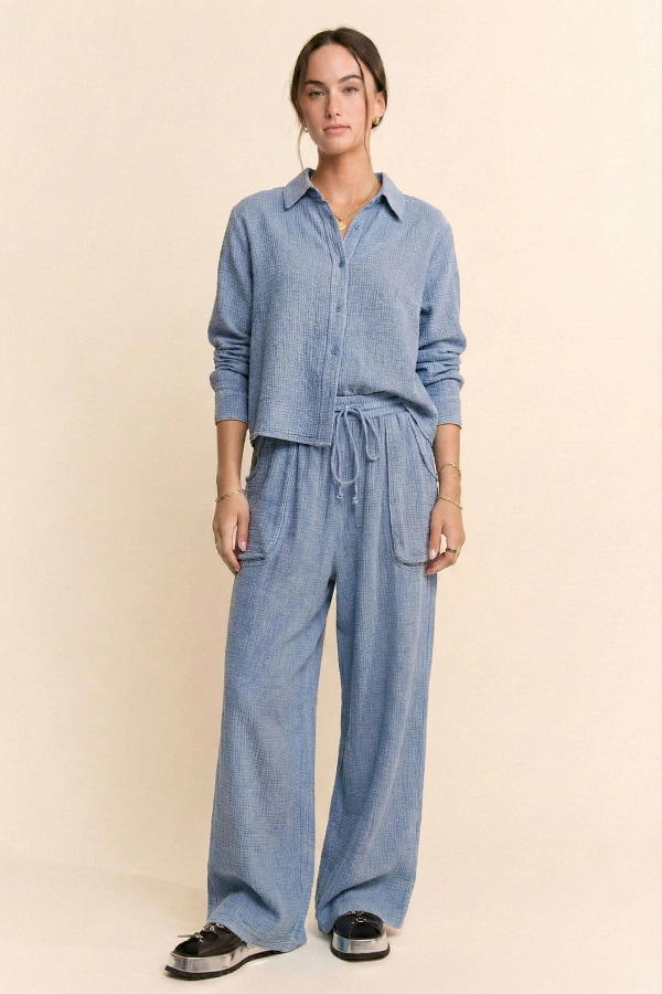 wholesale clothing garment washed crop shirt top cinched pants set davi & dani