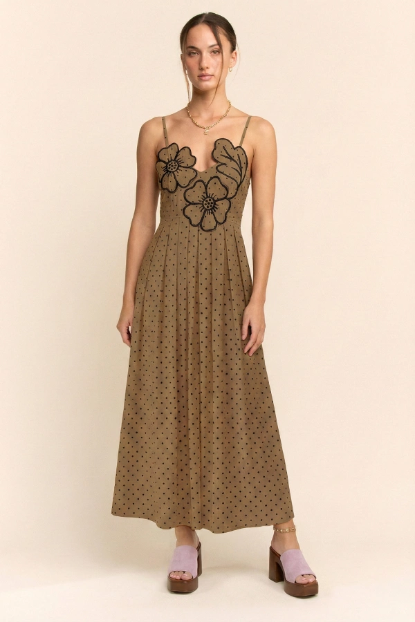 wholesale clothing flower embroidered patchwork smocking midi dress davi & dani